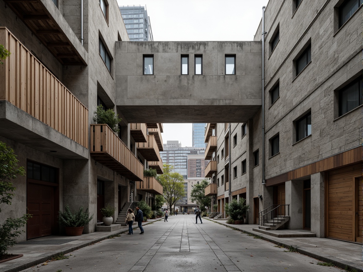 Prompt: Rough-hewn concrete walls, brutalist fa\u00e7ade, rugged stone exteriors, raw industrial materials, distressed wood accents, exposed ductwork, urban cityscape, overcast skies, dramatic shadows, strong geometric forms, fortress-like structure, imposing entranceways, metallic handrails, weathered steel beams, poured-in-place concrete floors, bold graphic signage, functional corridors, natural light infiltration, soft box lighting, shallow depth of field, 2/3 composition, realistic textures, ambient occlusion.