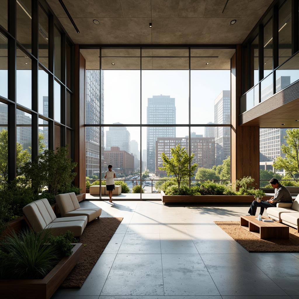 Prompt: Curved lines, minimalist facade, large windows, sliding glass doors, open floor plan, high ceilings, natural light pouring in, airy atmosphere, urban landscape, modern cityscape, busy streets, sleek skyscrapers, steel beams, polished concrete floors, green walls, living plants, warm wood accents, cozy reading nooks, soft morning lighting, shallow depth of field, 1/1 composition, realistic textures, ambient occlusion.