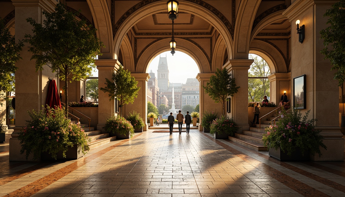 Prompt: Grand metro station entrance, Romanesque arches, ornate stone carvings, lush greenery walls, vibrant flower arrangements, elegant street lamps, natural stone flooring, intricate mosaic patterns, curved staircases, grand chandeliers, high ceilings, spacious atriums, urban cityscape views, warm golden lighting, shallow depth of field, 1/1 composition, symmetrical framing, realistic textures, ambient occlusion.