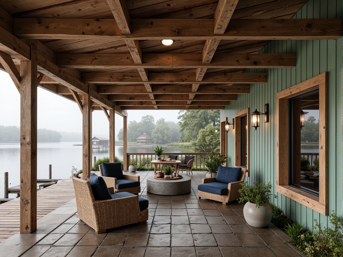 Prompt: Waterfront boathouse, rustic Romanesque style, earthy tones, weathered wood accents, soft sage green walls, warm beige trim, distressed copper roofing, vintage nautical decor, woven wicker furniture, plush navy blue upholstery, natural stone flooring, wooden dock pilings, serene lake views, misty morning light, shallow depth of field, 1/2 composition, realistic textures, ambient occlusion.