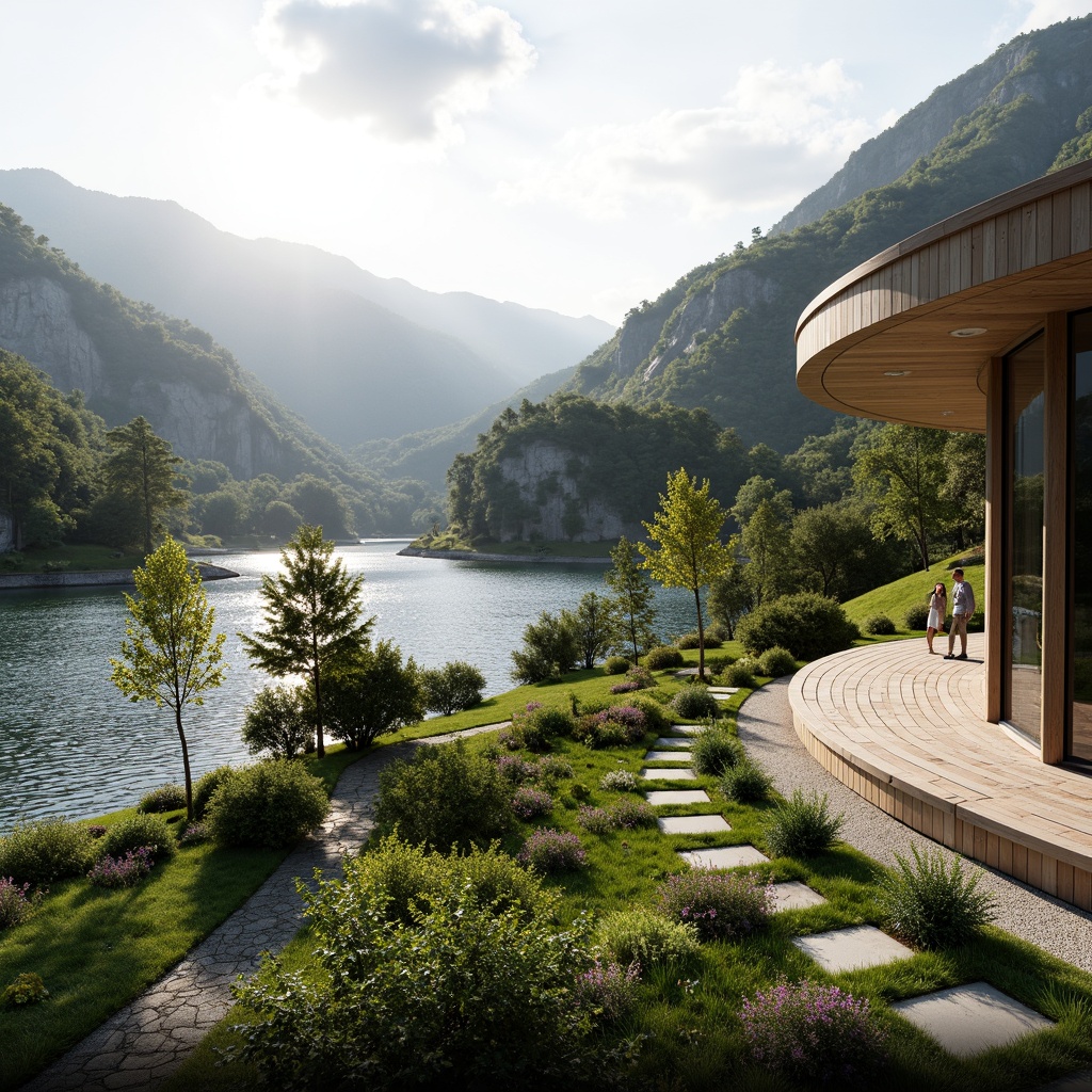 Prompt: Mountainous landscape, rolling hills, serene lakeside, lush greenery, vibrant wildflowers, meandering pathways, natural stone retaining walls, wooden decks, modern architecture, curved lines, minimalist design, sustainable building materials, large windows, sliding glass doors, panoramic views, soft warm lighting, shallow depth of field, 3/4 composition, realistic textures, ambient occlusion.