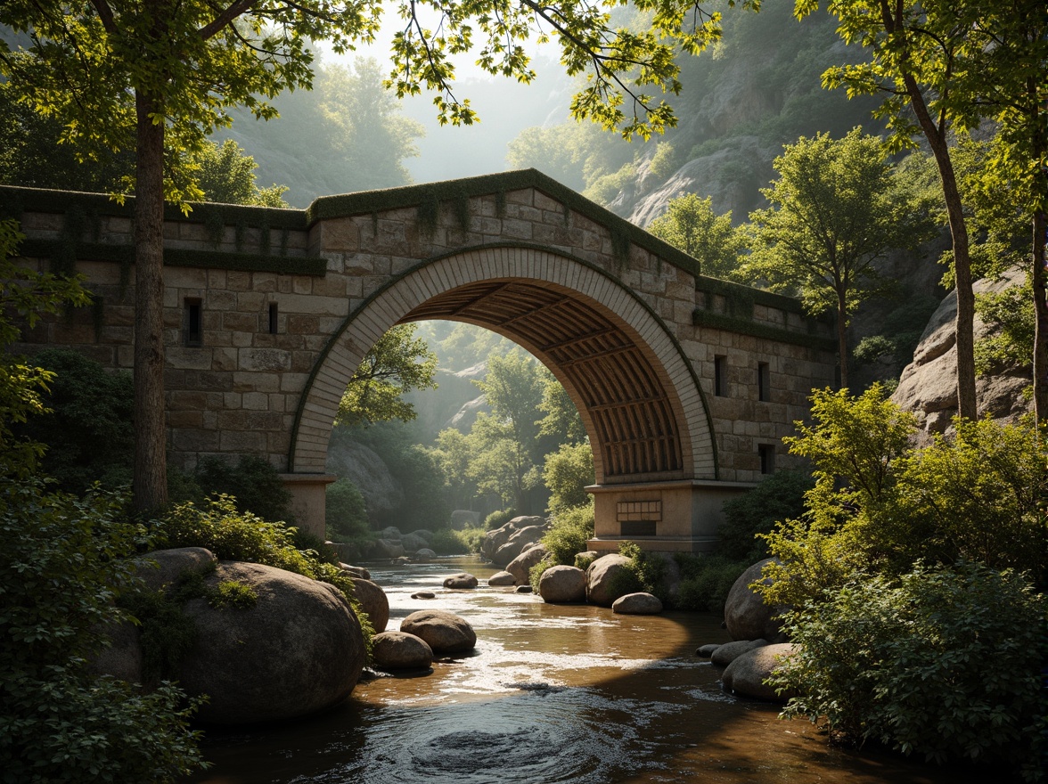 Prompt: Ancient Romanesque bridge, rustic stone arches, ornate carvings, weathered stonework, moss-covered walls, tranquil river flow, lush greenery surroundings, warm sunlight filtering, soft misty atmosphere, shallow depth of field, 1/2 composition, symmetrical framing, dramatic chiaroscuro lighting, realistic textures, ambient occlusion.