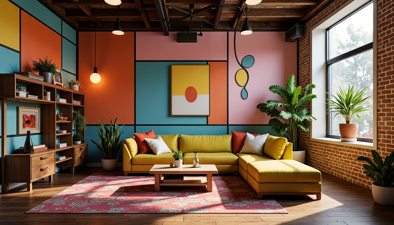 Prompt: Vibrant artistic studio, eclectic furniture, bold color blocks, abstract artwork, trendy decorative accents, modern industrial lighting, exposed brick walls, reclaimed wood floors, cozy reading nook, warm golden lighting, shallow depth of field, 1/1 composition, realistic textures, ambient occlusion.