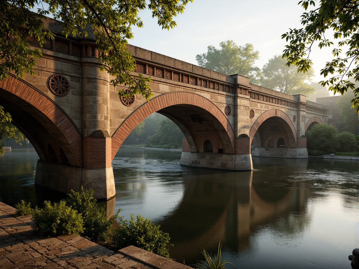 Prompt: Ancient Romanesque bridge, rustic stone arches, weathered brick piers, ornate carved decorations, intricate stonework patterns, robust pillars, medieval-inspired architecture, serene riverbank setting, lush greenery, tranquil water reflections, soft warm lighting, shallow depth of field, 3/4 composition, panoramic view, realistic textures, ambient occlusion.