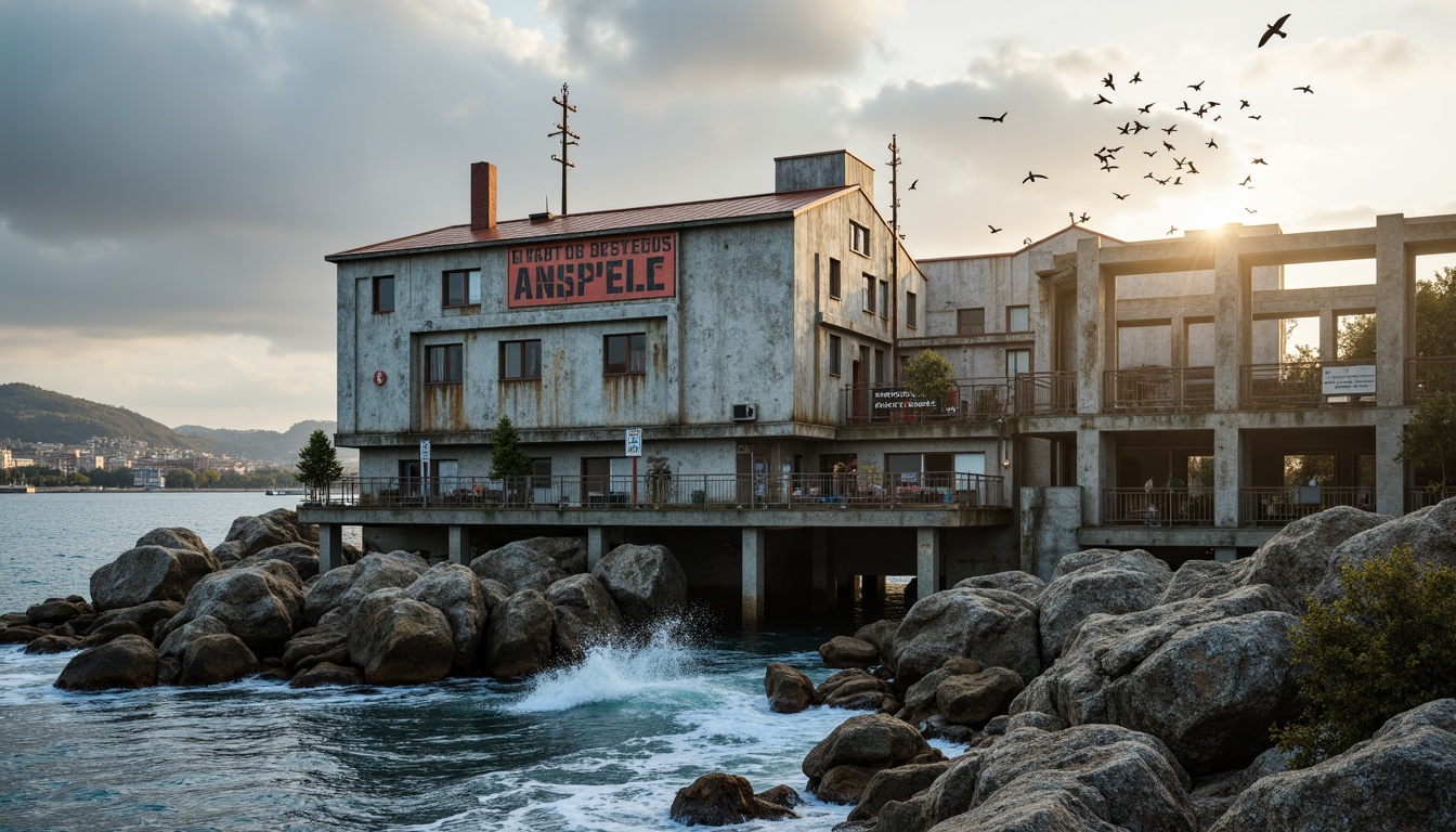 Prompt: Weathered concrete facades, rusted metal accents, distressed wood textures, industrial piping systems, reinforced steel beams, rugged coastal landscape, rocky shores, crashing waves, seagulls flying overhead, overcast sky with warm sunlight, shallow depth of field, 1/2 composition, realistic weathering effects, ambient occlusion, worn signage, vintage nautical equipment, faded blue paint, rough-hewn stone walls, functional industrial design, brutalist architecture, utilitarian aesthetic.