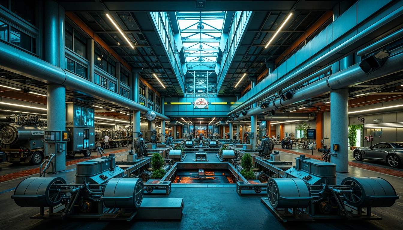 Prompt: Vibrant industrial facilities, metallic structures, exposed pipes, steam turbines, control rooms, futuristic architecture, neon-lit accents, high-tech equipment, sleek machinery, electric blue hues, lime green highlights, fiery orange tones, deep grey backgrounds, subtle gradient effects, 3D modeling, realistic reflections, ambient lighting, shallow depth of field, panoramic views.