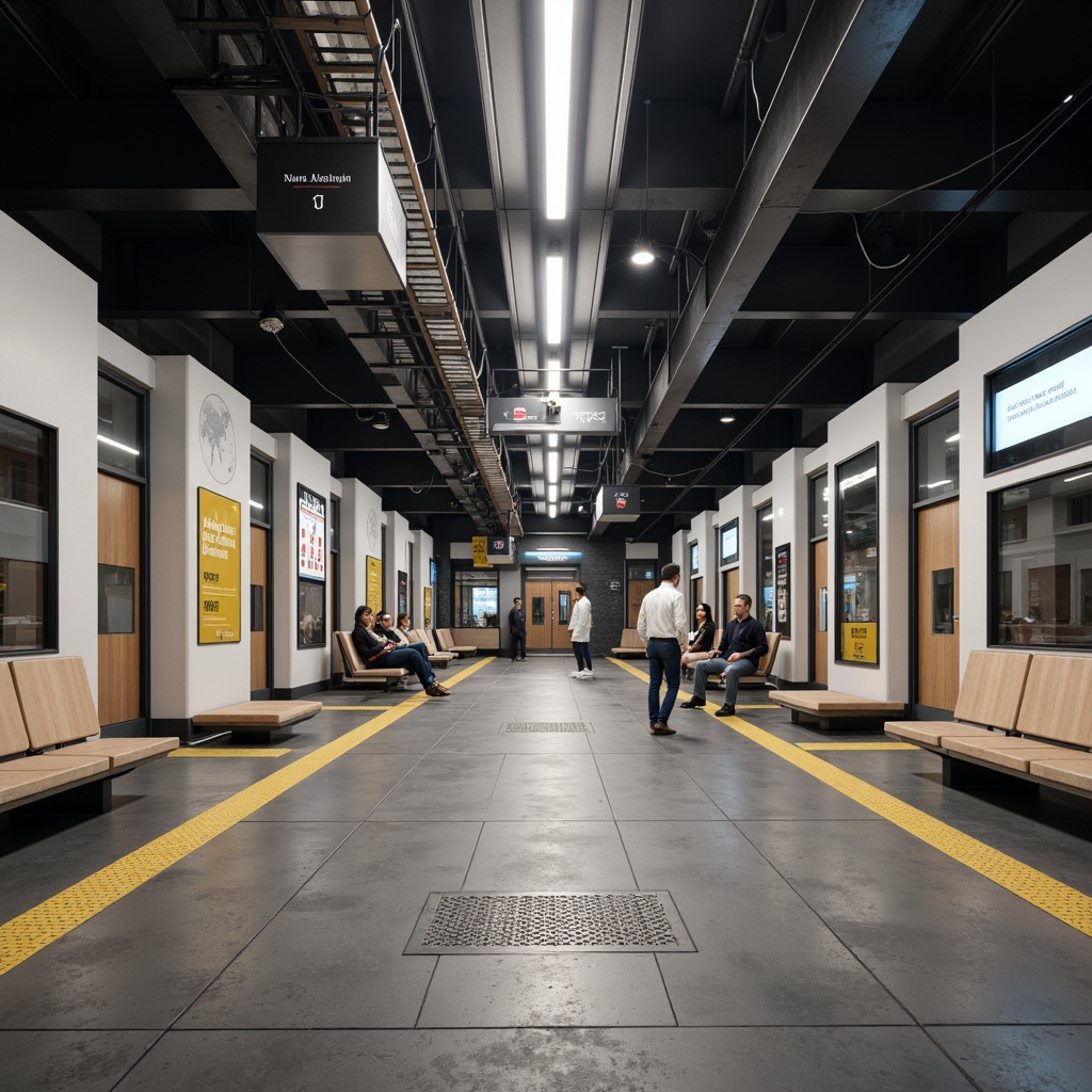 Prompt: Accessible tram station, gentle ramps, wide platforms, tactile markings, audible announcements, Braille signage, elevators, wheelchair-accessible gates, automatic doors, grab bars, seating areas, clear navigation signs, minimal obstacles, soft lighting, shallow depth of field, 1/1 composition, realistic textures, ambient occlusion.