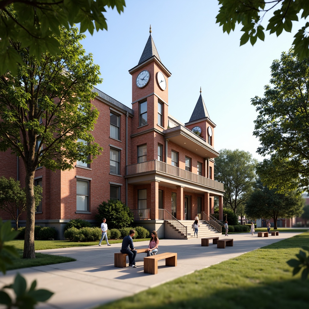 Prompt: Traditional high school building, rustic brick fa\u00e7ade, warm earthy tones, ornate architectural details, grand entranceways, stone columns, classic clock towers, lush greenery, mature trees, sunny afternoon, soft natural lighting, shallow depth of field, 3/4 composition, realistic textures, ambient occlusion, vibrant student artwork, inspirational quotes, educational signage, wooden benches, outdoor seating areas.