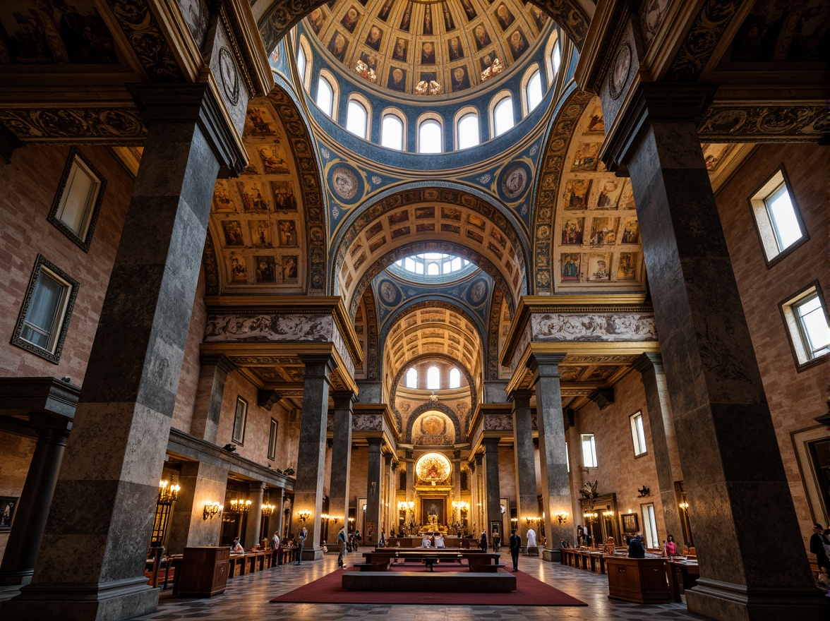 Prompt: Grand Byzantine cathedral, majestic arches, ornate stone carvings, vibrant mosaics, golden domes, intricate frescoes, elegant columns, sacred relics, richly textured fabrics, warm candlelight, soft mystical ambiance, 1/2 composition, low-angle shot, dramatic shadows, realistic architectural details, ambient occlusion.