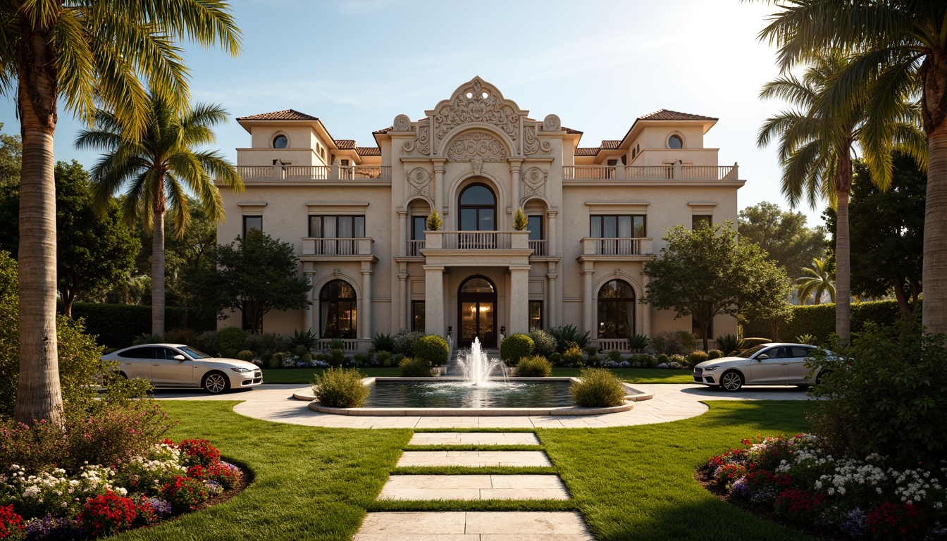 Prompt: Lavish Renaissance-style mansion, intricately carved stone facades, ornate balconies, grand entranceways, symmetrical gardens, manicured lawns, vibrant flowerbeds, majestic palm trees, meandering pathways, ornamental fountains, sparkling water features, dramatic spotlights, warm golden lighting, 1/2 composition, low-angle shot, detailed textures, ambient occlusion.Please let me know if this meets your requirements!