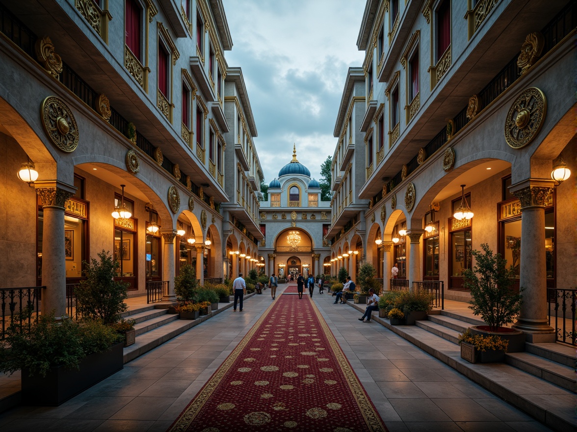 Prompt: Richly ornamented buildings, Prussian blue domes, gilded accents, intricate stonework, ornate metal railings, grand staircases, lavish chandeliers, opulent furnishings, luxurious textiles, velvet drapes, majestic columns, imposing archways, dramatic lighting, warm golden tones, atmospheric mist, shallow depth of field, 1/1 composition, realistic reflections, ambient occlusion.