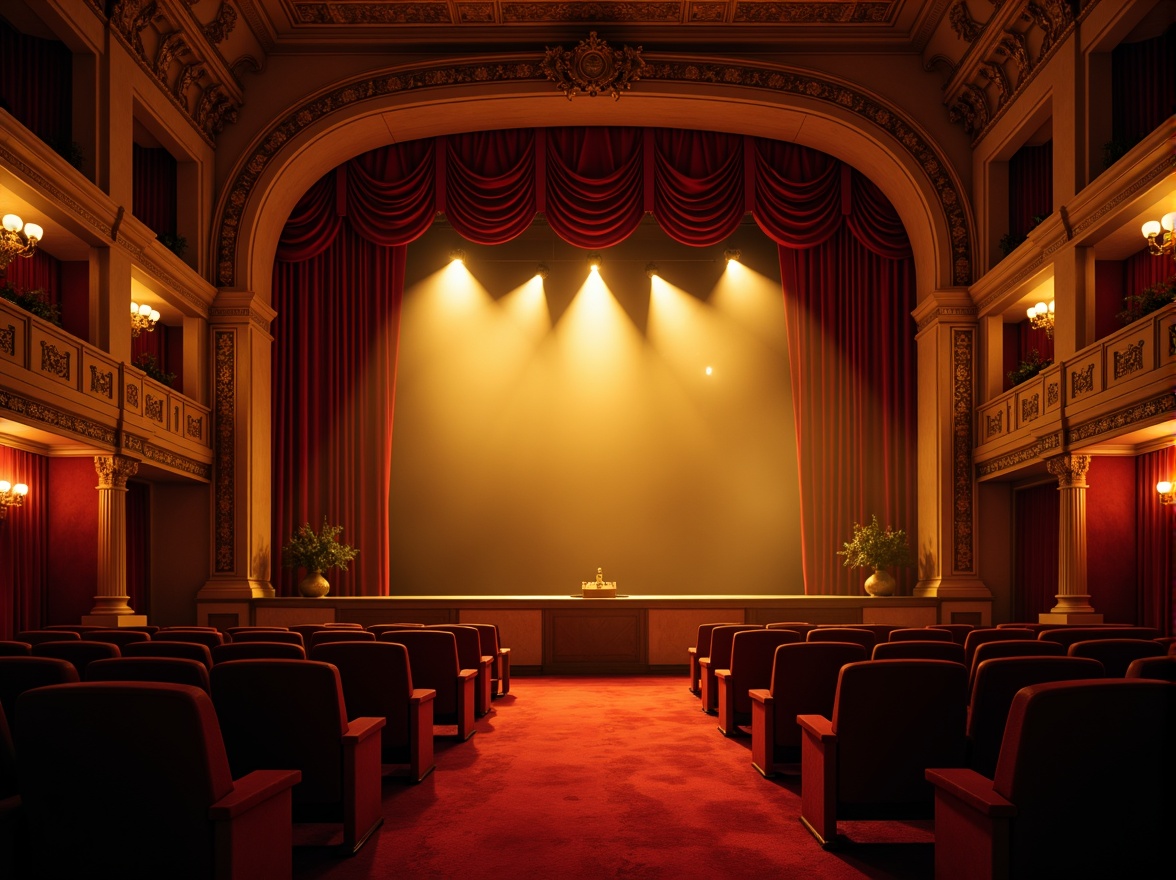 Prompt: Elegant proscenium arch, rich velvety curtains, warm golden lighting, ornate molding details, classic column architecture, sophisticated theater seats, luxurious red carpeting, dramatic spotlights, subtle gradient backgrounds, harmonious color palette, contrasting textures, 1/2 composition, atmospheric mist, soft focus, cinematic ambiance.