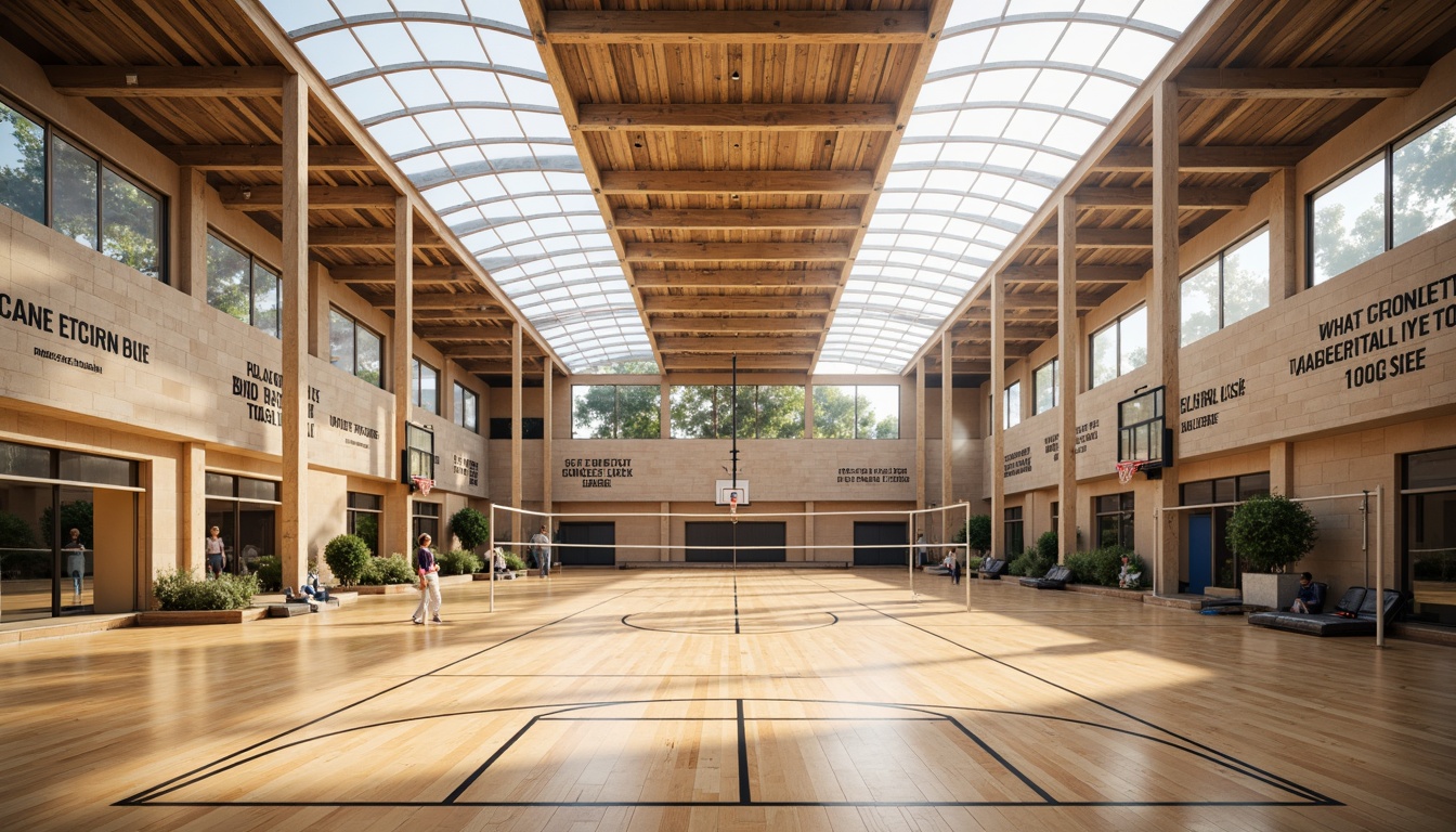 Prompt: Spacious gymnasium interior, high ceilings, clerestory windows, skylights, natural stone walls, polished wooden floors, athletic equipment, basketball hoops, volleyball nets, exercise machines, mirrored walls, motivational quotes, bright sunny day, soft warm lighting, shallow depth of field, 1/1 composition, realistic textures, ambient occlusion.