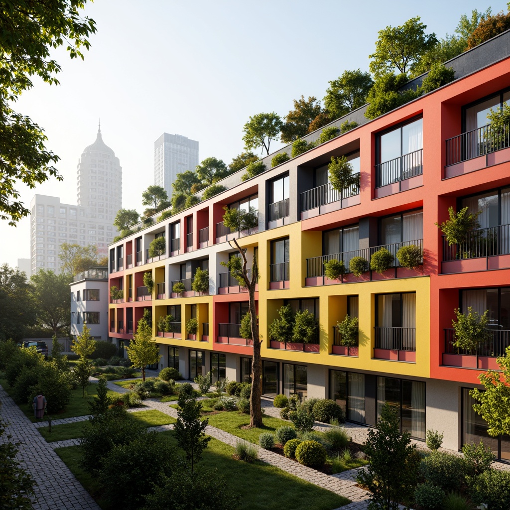 Prompt: Vibrant residential complex, social housing community, modern facade design, bold color schemes, geometric patterns, sustainable materials, green walls, vertical gardens, solar panels, wind turbines, rainwater harvesting systems, eco-friendly roofs, innovative insulation technologies, energy-efficient windows, minimalist balconies, urban skyline views, morning sunlight, soft warm lighting, shallow depth of field, 1/1 composition, realistic textures, ambient occlusion.