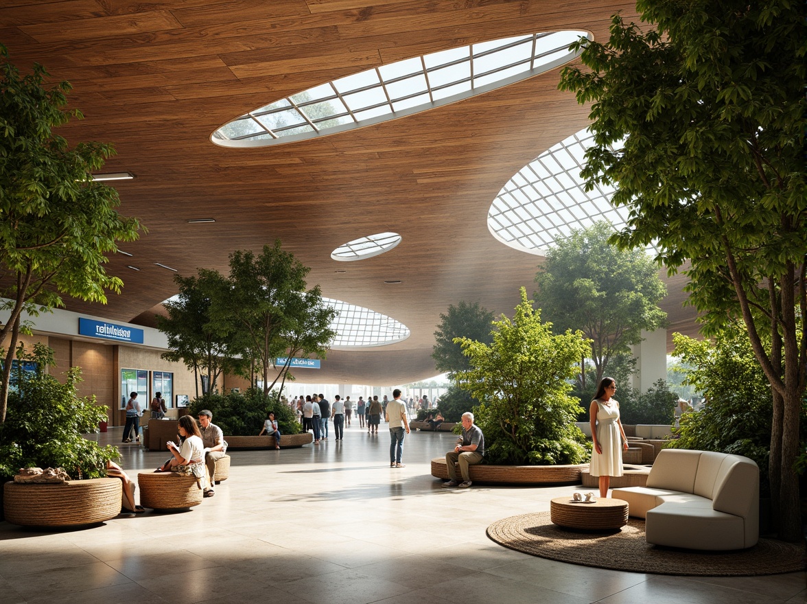 Prompt: Curved wooden ceilings, natural stone flooring, lush green walls, tropical plants, airport signage, modern seating areas, minimalist furniture, soft warm lighting, shallow depth of field, 3/4 composition, panoramic view, realistic textures, ambient occlusion, large windows, glass facades, airy atriums, organic shapes, flowing lines, sustainable materials, eco-friendly design, futuristic ambiance, bustling atmosphere, international crowd, dynamic movement, blurred motion.