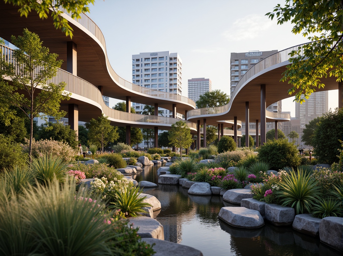 Prompt: Vibrant urban landscape, winding pedestrian bridge, sleek modern architecture, steel cable railings, wooden decking, lush greenery, blooming flowers, natural stone piers, serene water features, gentle streams, soft warm lighting, shallow depth of field, 3/4 composition, panoramic view, realistic textures, ambient occlusion.