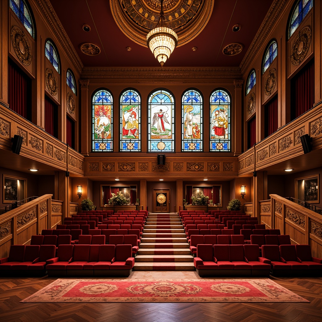 Prompt: Vibrant academic theater, ornate facade, colored glass panels, art nouveau patterns, grand entrance, sweeping staircases, rich wood tones, velvet drapes, golden accents, intricate moldings, soft warm lighting, shallow depth of field, 1/2 composition, symmetrical architecture, dramatic spotlights, luxurious textiles, elegant furnishings, refined details, sophisticated atmosphere.