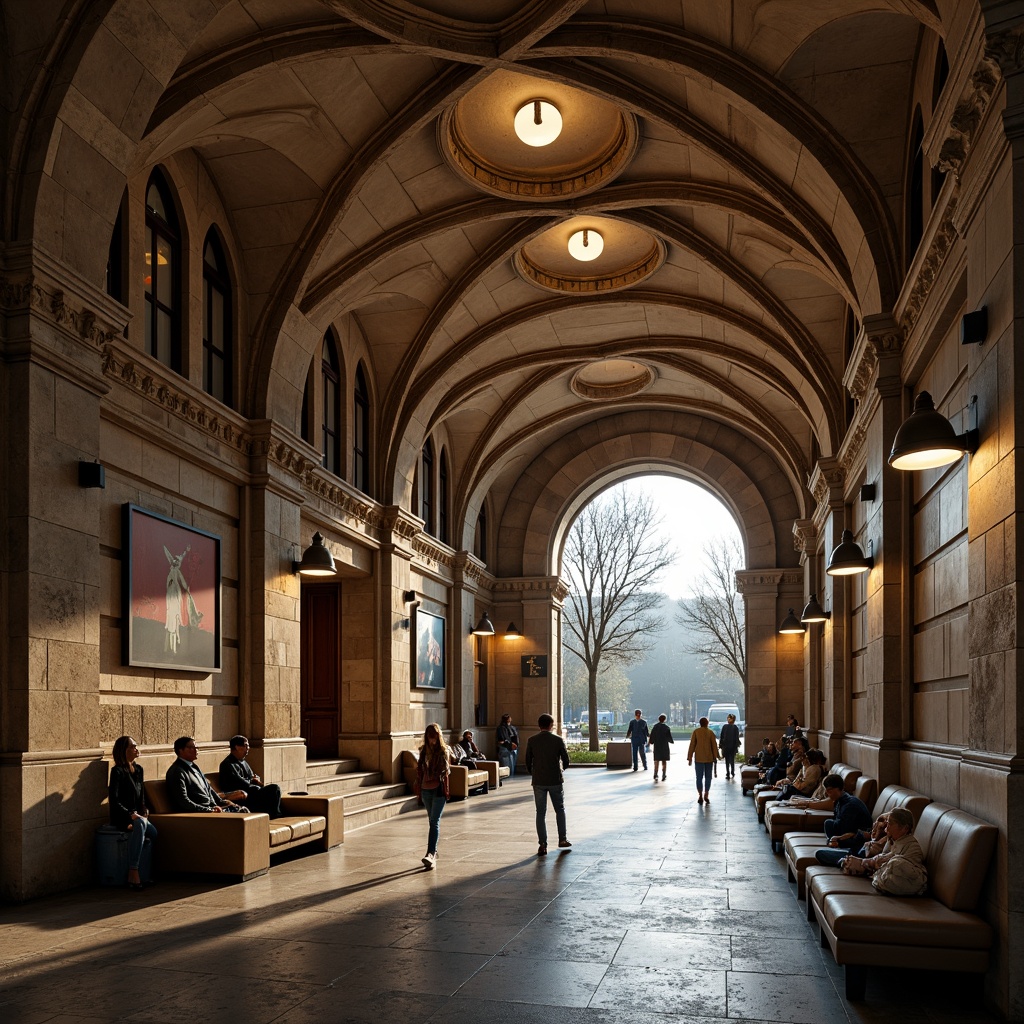 Prompt: Rustic metro station, arched ceilings, stone masonry walls, Gothic-inspired columns, ornate carvings, grand staircases, vaulted roofs, warm earthy tones, soft diffused lighting, rich textures, intricate stonework patterns, Romanesque-style architecture, historical references, urban infrastructure, busy city streets, morning rush hour, subtle ambient noise.