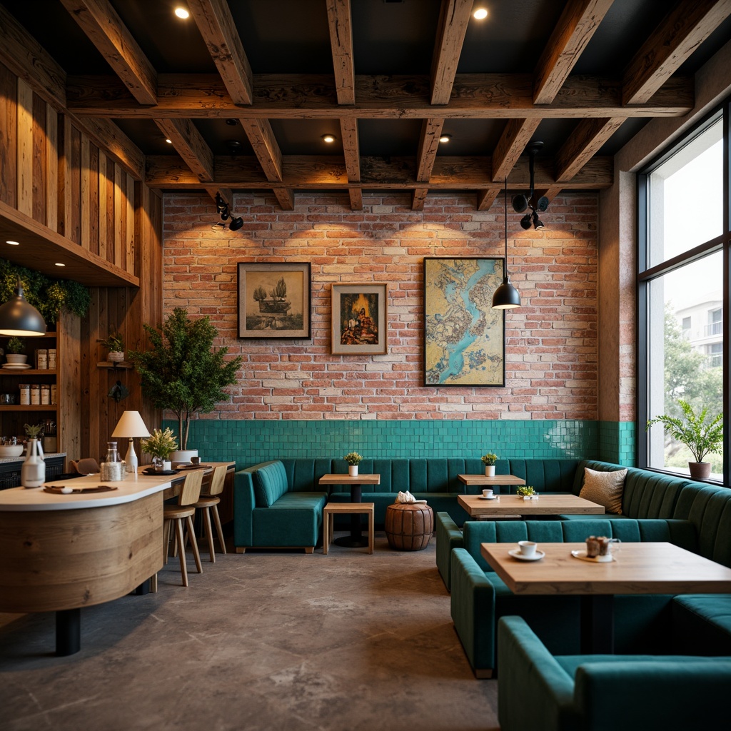 Prompt: Cozy coffee shop interior, reclaimed wood accents, distressed brick walls, industrial metal beams, vibrant turquoise tiles, plush velvet sofas, rustic wooden tables, pendant lamps, warm golden lighting, aromatic coffee scents, steaming cups, natural stone flooring, earthy tone color palette, organic textures, shallow depth of field, 2/3 composition, soft focus, realistic render.