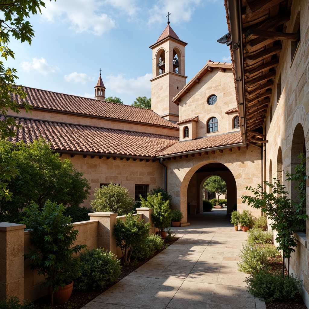 Prompt: Rustic Romanesque roof, curved terracotta tiles, ornate stone carvings, grandiose archways, majestic bell towers, weathered copper gutters, intricate stonework patterns, earthy color palette, lush green vines, sunny Mediterranean day, warm soft lighting, shallow depth of field, 3/4 composition, panoramic view, realistic textures, ambient occlusion.