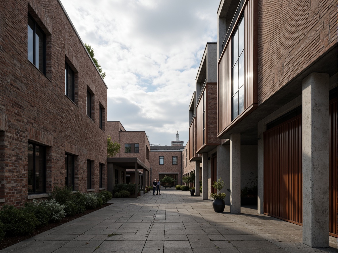 Prompt: Weathered brick facades, rough-hewn stone walls, rusty metal cladding, wooden accents, glass curtain walls, concrete pillars, industrial chic aesthetic, urban landscape, cloudy overcast sky, dramatic backlighting, high contrast ratio, 1/2 composition, symmetrical framing, realistic reflections, ambient occlusion.