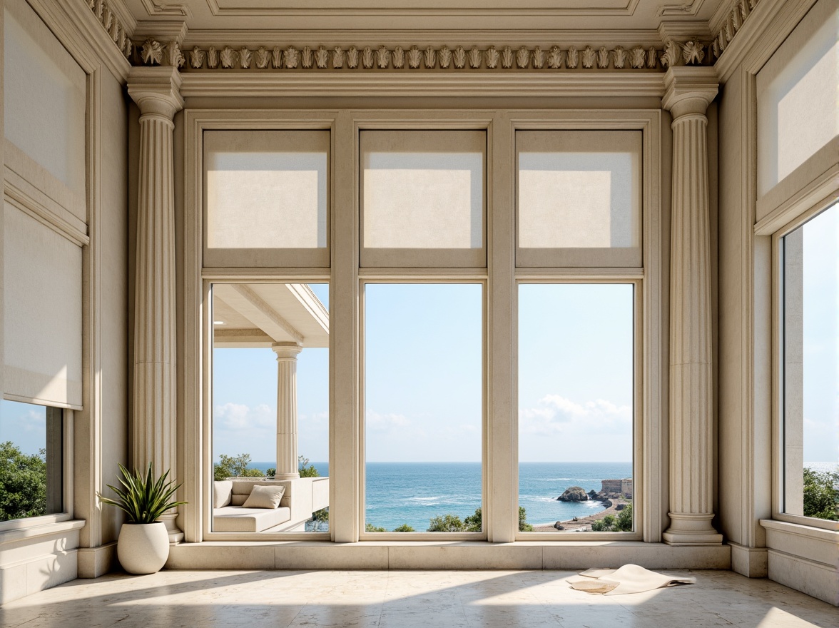 Prompt: \Elegant skyscraper facade, coastal ocean views, large windows with white colonial shutters, soft billowy curtains, natural linen drapes, ornate wooden cornices, classic Greek columns, intricately carved stonework, cream-colored stucco exteriors, subtle beachy color palette, warm sunny day, gentle sea breeze, shallow depth of field, 2/3 composition, symmetrical architecture, realistic textures, ambient occlusion.\