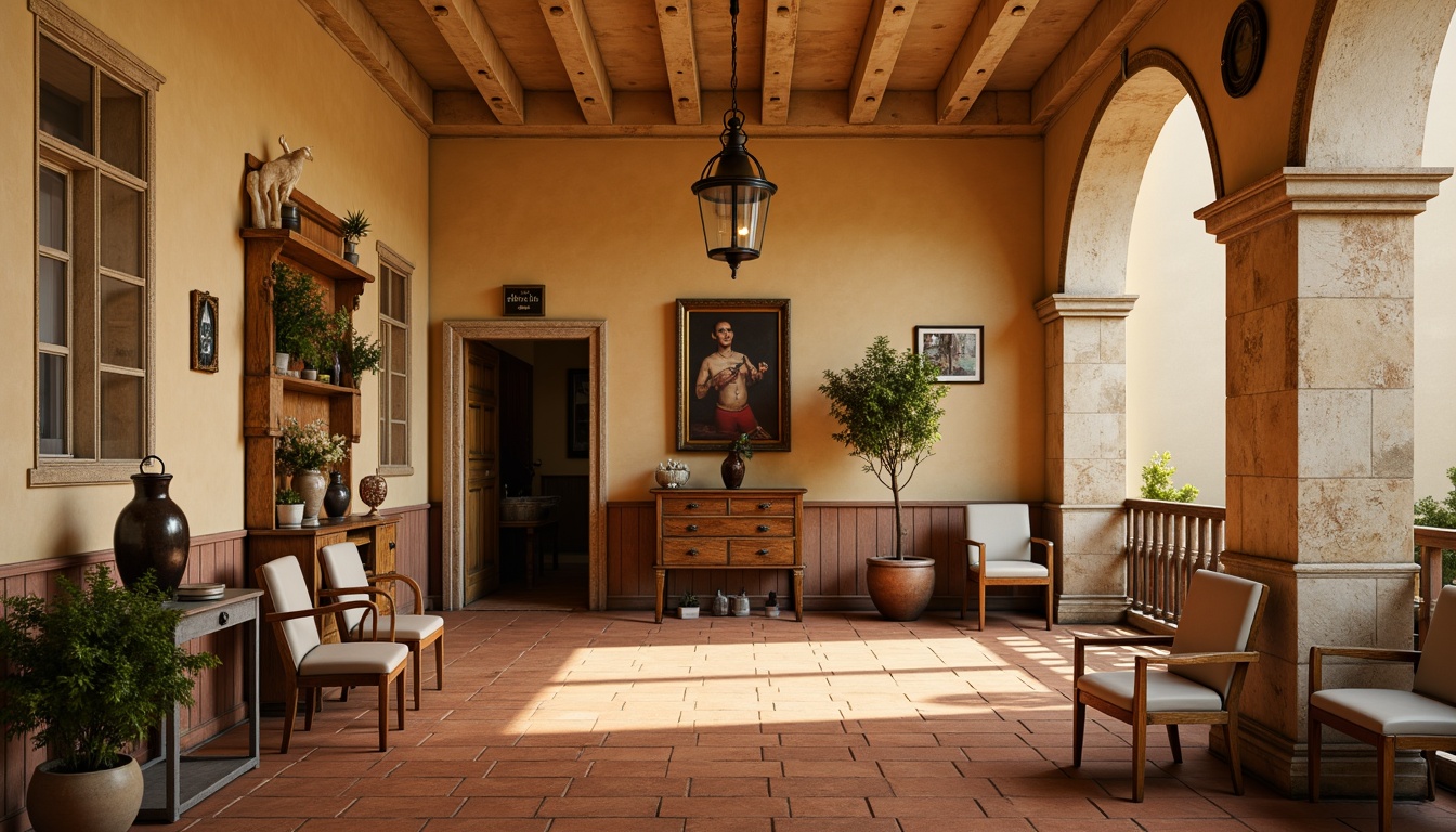 Prompt: Warm beige walls, rich terracotta flooring, soft sienna accents, calming cream ceilings, elegant archways, rustic stone columns, ornate metal fixtures, distressed wood furnishings, vintage medical equipment, natural textiles, earthy color scheme, warm golden lighting, subtle shadows, 1/2 composition, shallow depth of field, realistic textures.