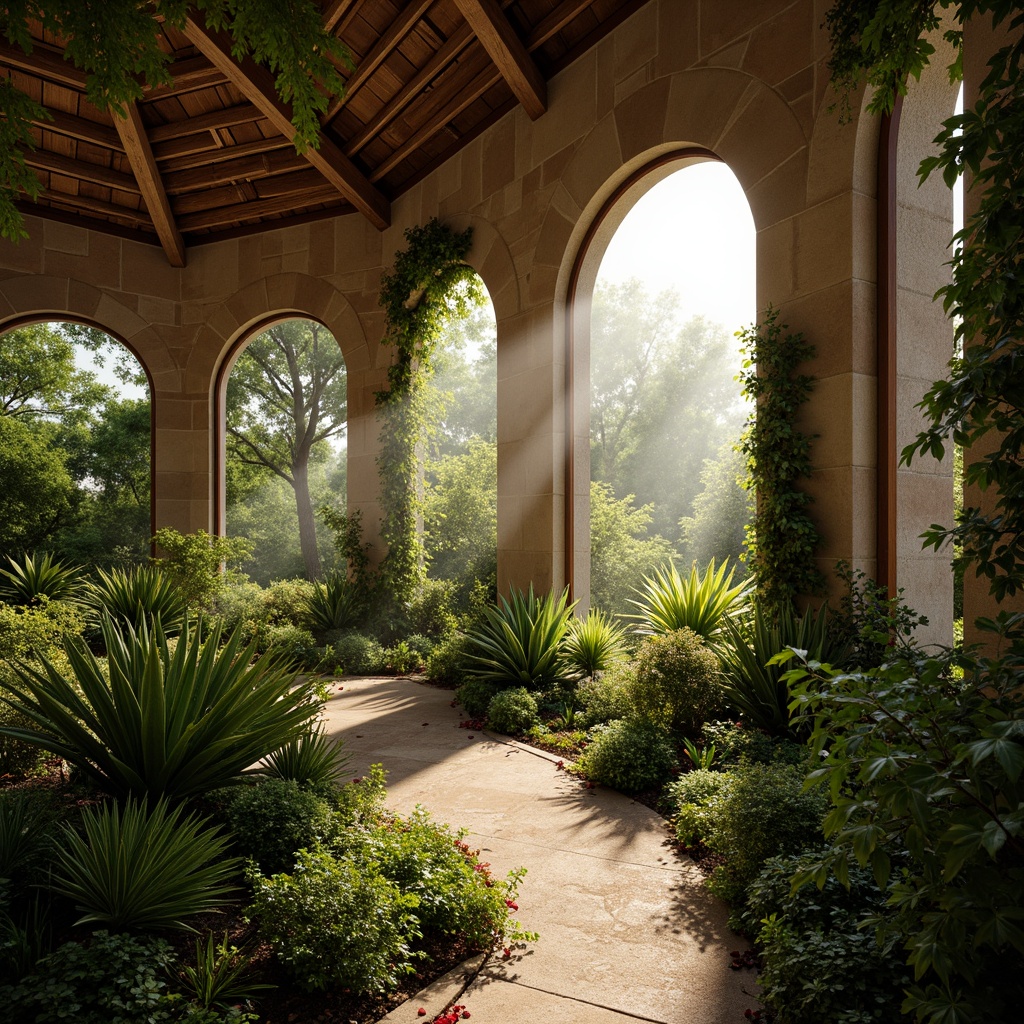 Prompt: Lush greenery, tropical plants, warm sunlight, misty atmosphere, rustic wooden beams, natural stone walls, arched windows, Romanesque style architecture, ornate carvings, intricate stonework, curved lines, soft warm lighting, shallow depth of field, 3/4 composition, panoramic view, realistic textures, ambient occlusion, serene ambiance, botanical gardens, exotic flowers, vines crawling up walls, earthy tones, organic materials.