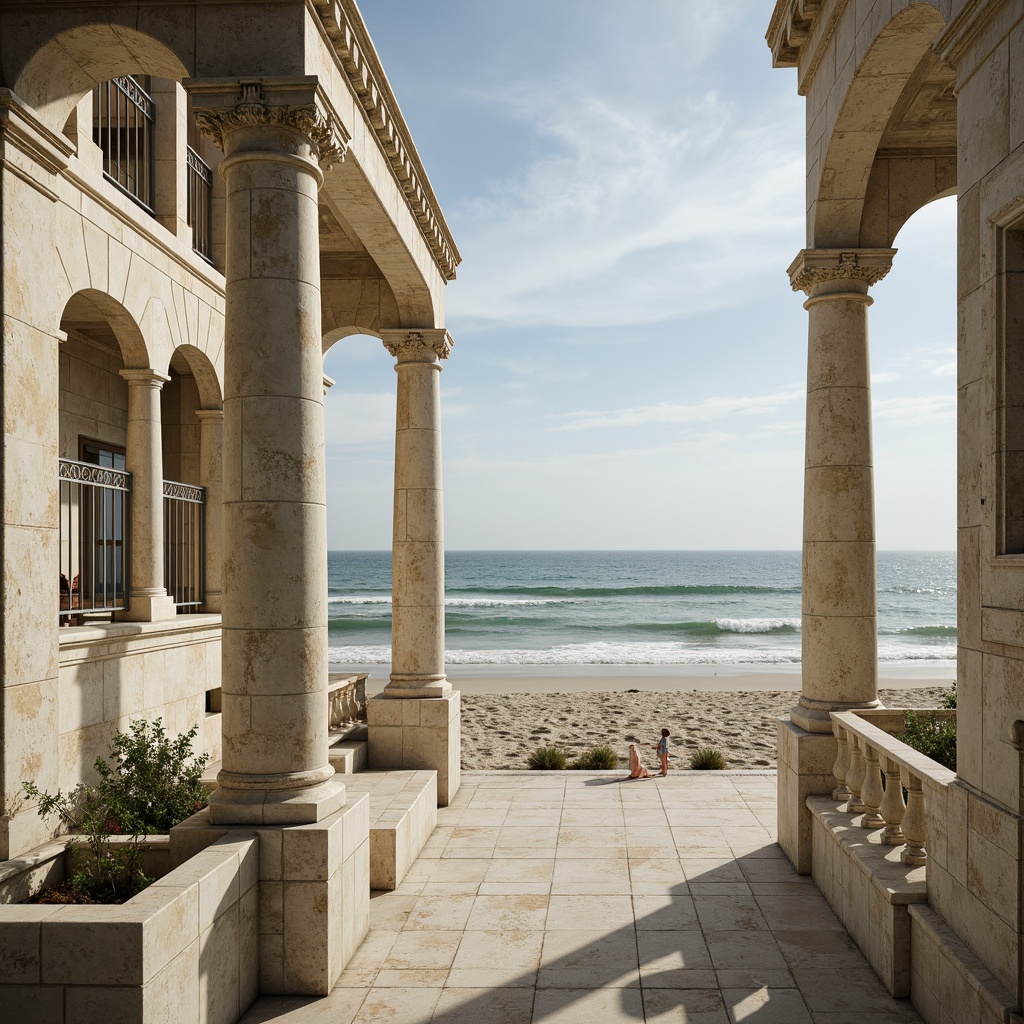 Prompt: Weathered stone fa\u00e7ade, creamy white marble columns, soft blue-gray skies, wispy clouds, warm sandy beaches, gentle ocean waves, ornate balconies, intricate moldings, grand archways, neoclassical details, subtle nautical accents, calming seafoam green, soothing misty blue, rich navy blues, creamy ivory whites, rough-hewn stone textures, polished metal railings, elegant curved lines, symmetrical composition, atmospheric perspective, warm golden lighting, 1/1 aspect ratio.