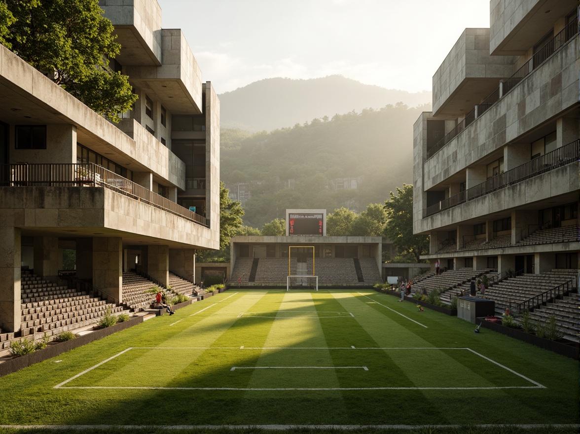 Prompt: Rugged sports field, brutalist architecture, exposed concrete structures, bold angular lines, raw industrial materials, vibrant green turf, stadium seating, athletic track lanes, goalposts, sports equipment, natural stone walls, rugged terrain, rocky outcrops, winding trails, dense forests, misty atmosphere, warm golden lighting, dramatic shadows, high contrast, 2/3 composition, wide-angle lens, cinematic mood, realistic textures, ambient occlusion.