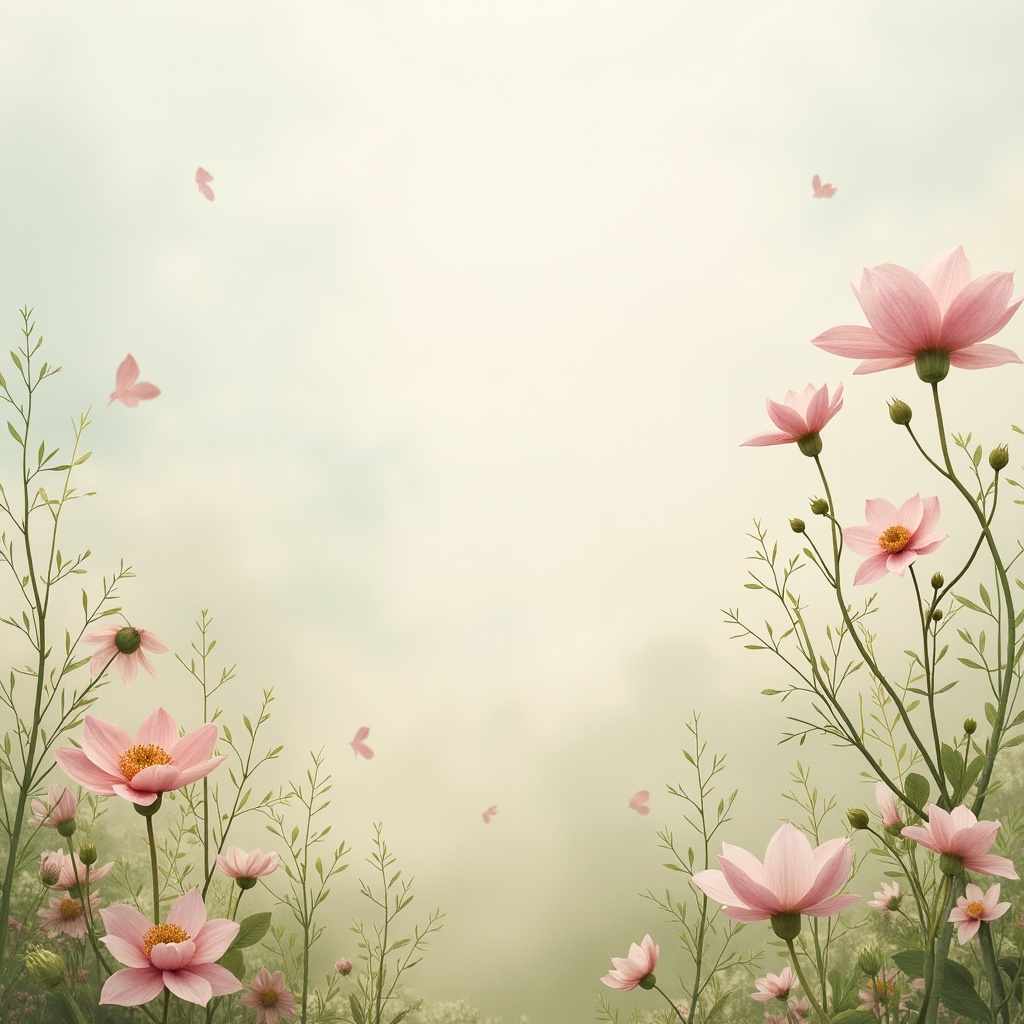 Prompt: Soft pastel hues, calming atmosphere, serene natural scenery, gentle color transitions, warm beige tones, creamy whites, pale blues, mint greens, blush pinks, subtle texture overlays, delicate floral patterns, whimsical watercolor effects, dreamy misty lighting, shallow depth of field, 1/1 composition, romantic realistic style.