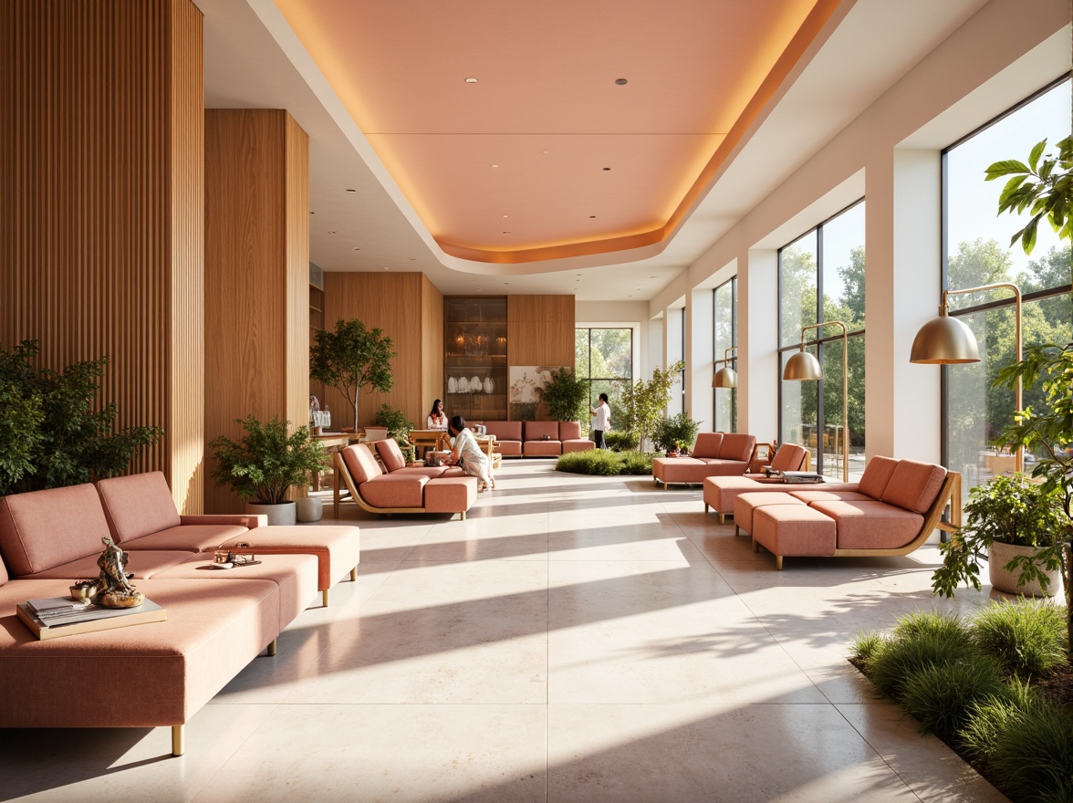 Prompt: Vibrant modern interior, pastel color scheme, soft peach tones, creamy whites, rich wood accents, metallic gold details, luxurious velvet fabrics, statement lighting fixtures, elegant curves, minimalist decor, natural stone flooring, abundant greenery, airy atmosphere, warm sunny day, shallow depth of field, 1/1 composition, realistic textures, ambient occlusion.