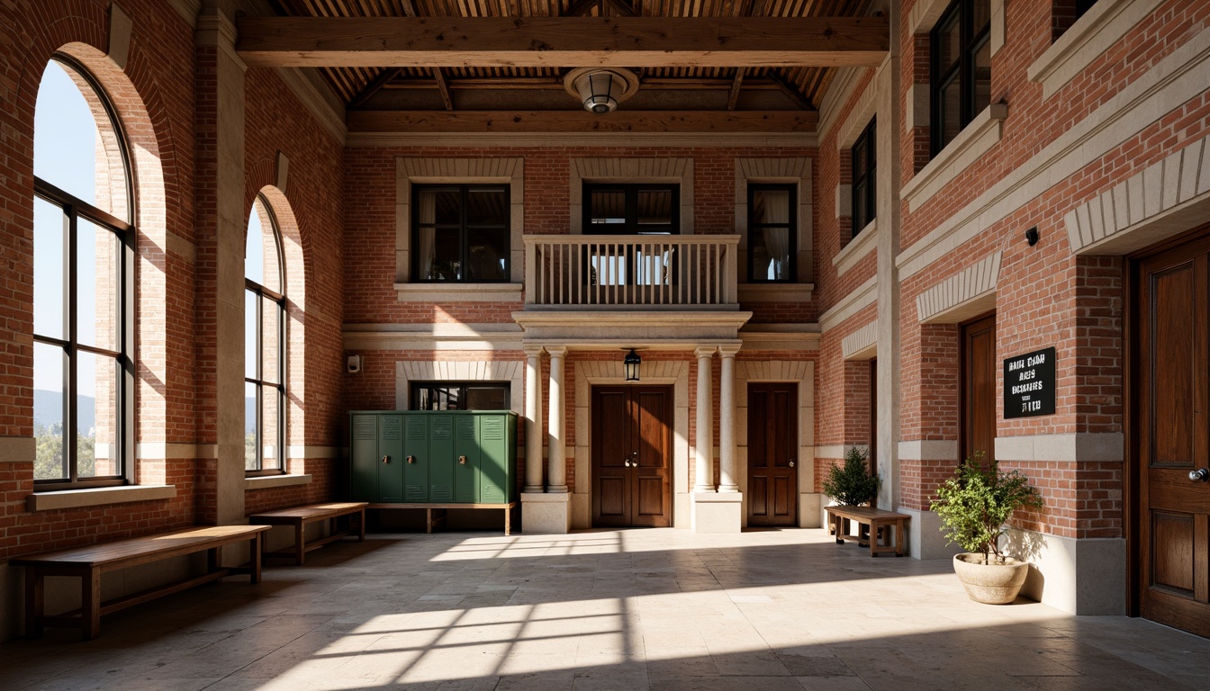 Prompt: Rustic high school building, traditional brick facade, ornate archways, robust columns, weathered red bricks, decorative cornices, grand entrance halls, wooden benches, vintage lockers, educational signage, natural stone flooring, warm afternoon lighting, shallow depth of field, 1/1 composition, realistic textures, ambient occlusion.