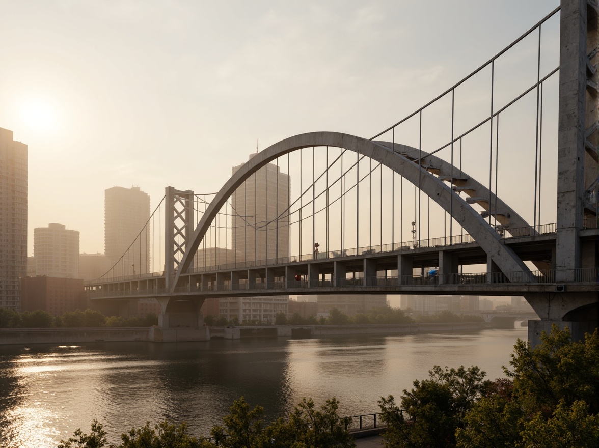 Prompt: Curved bridge silhouette, sleek metal railings, suspension cables, majestic water reflections, urban cityscape background, morning misty atmosphere, soft golden lighting, shallow depth of field, 2/3 composition, dramatic perspective view, realistic rust textures, ambient occlusion, functional pedestrian walkways, efficient vehicle traffic flow, modern minimalist design, durable weather-resistant materials, innovative structural systems, elegant arches, vibrant greenery surroundings.