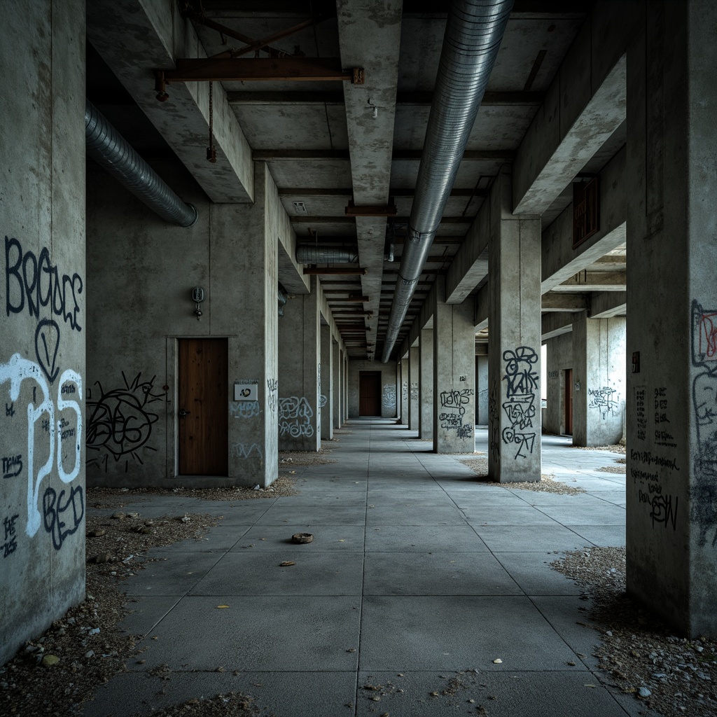 Prompt: Monolithic concrete structures, rugged textures, industrial materials, brutalist architecture, cold grey tones, weathered steel beams, exposed ductwork, raw concrete walls, urban decay, graffiti-covered surfaces, dystopian atmosphere, harsh lighting, dramatic shadows, 3/4 composition, cinematic framing, gritty realistic renderings.