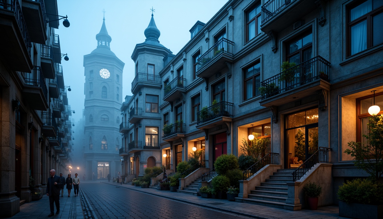 Prompt: Moody Prussian blue buildings, ornate Gothic Revival architecture, intricately carved stone facades, majestic clock towers, grand entrance halls, sweeping staircases, rich velvet drapes, luxurious golden accents, mysterious foggy atmosphere, soft warm lighting, dramatic shadows, high contrast ratio, cinematic composition, atmospheric perspective, detailed textures, subtle ambient occlusion.