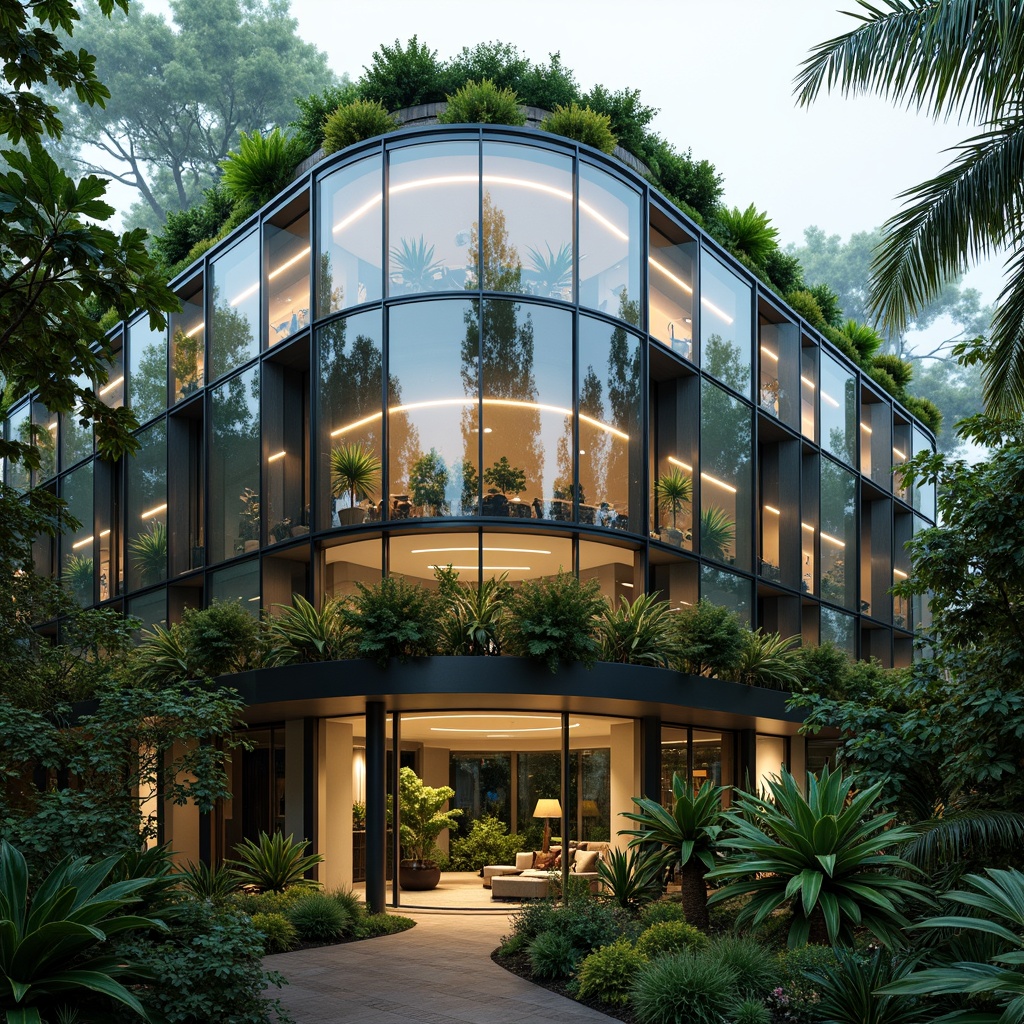 Prompt: Curved glass facade, lush greenery, tropical plants, natural ventilation systems, sustainable energy solutions, solar panels, rainwater harvesting systems, living walls, green roofs, modern minimalist architecture, sleek metal frames, transparent glass surfaces, ambient natural lighting, soft warm tones, 1/1 composition, shallow depth of field, realistic textures, atmospheric misting effects.