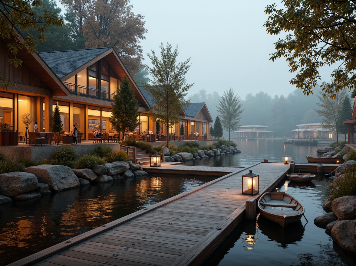 Prompt: Waterfront location, serene lake views, rustic wooden docks, vintage boat displays, nautical-themed decor, warm earthy tones, natural stone foundations, wooden accents, pitched roofs, large windows, sliding glass doors, outdoor seating areas, lantern-style lighting, misty morning atmosphere, soft warm lighting, shallow depth of field, 3/4 composition, panoramic view, realistic textures, ambient occlusion.