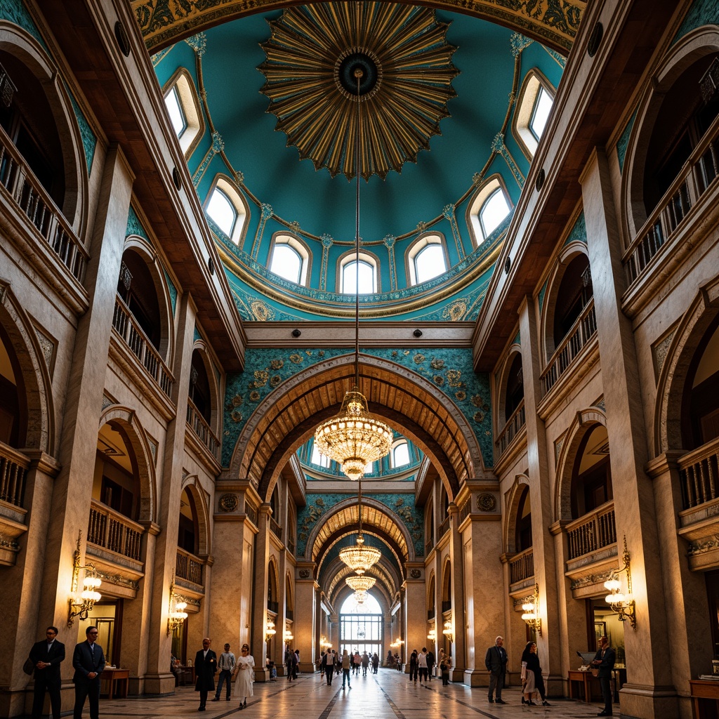 Prompt: Majestic Prussian blue domes, intricate Moorish patterns, ornate golden accents, lavish interior spaces, grandiose archways, majestic columns, luxurious velvet drapes, rich wooden paneling, dramatic ceiling heights, opulent crystal chandeliers, vibrant turquoise mosaics, exotic Middle Eastern influences, atmospheric warm lighting, cinematic shallow focus, 1/2 composition, symmetrical framing, ornate fresco details.