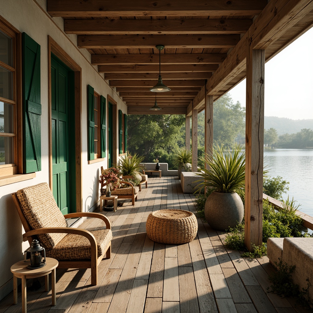 Prompt: Rustic boathouse, weathered wooden planks, distressed finishes, earthy color palette, moss-green shutters, creamy white walls, warm beige accents, rich brown wood tones, vintage nautical decor, antique lanterns, fishing nets, natural textiles, woven wicker furniture, soft warm lighting, shallow depth of field, 1/2 composition, intimate atmosphere, serene lake views, lush greenery surroundings, misty morning ambiance.