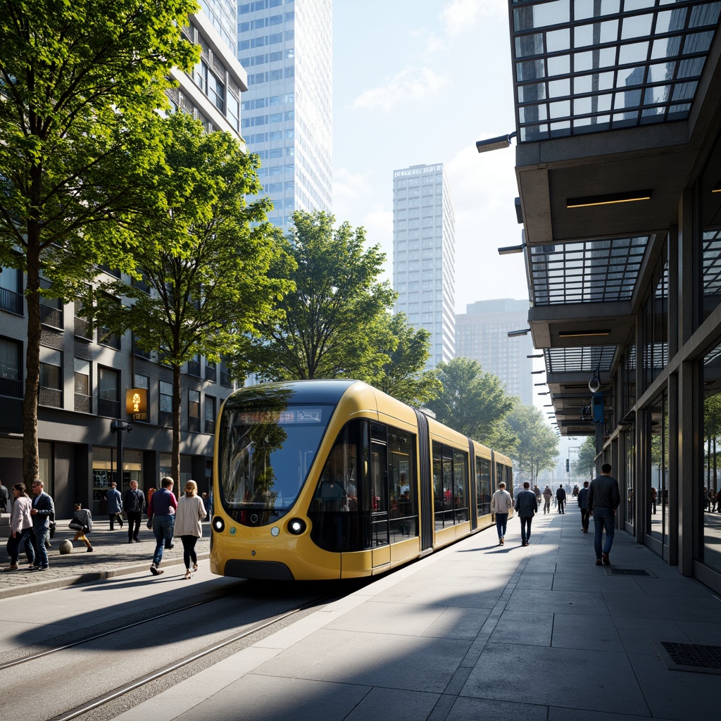 Prompt: Futuristic tram station, curved glass facade, sleek metal frames, LED light installations, dynamic patterns, urban cityscape, bustling streets, morning commute, soft natural lighting, shallow depth of field, 1/2 composition, realistic reflections, ambient occlusion, modern minimalist architecture, green roofs, eco-friendly materials, innovative ventilation systems, shaded outdoor spaces, pedestrian pathways, vibrant colorful accents, geometric motifs.