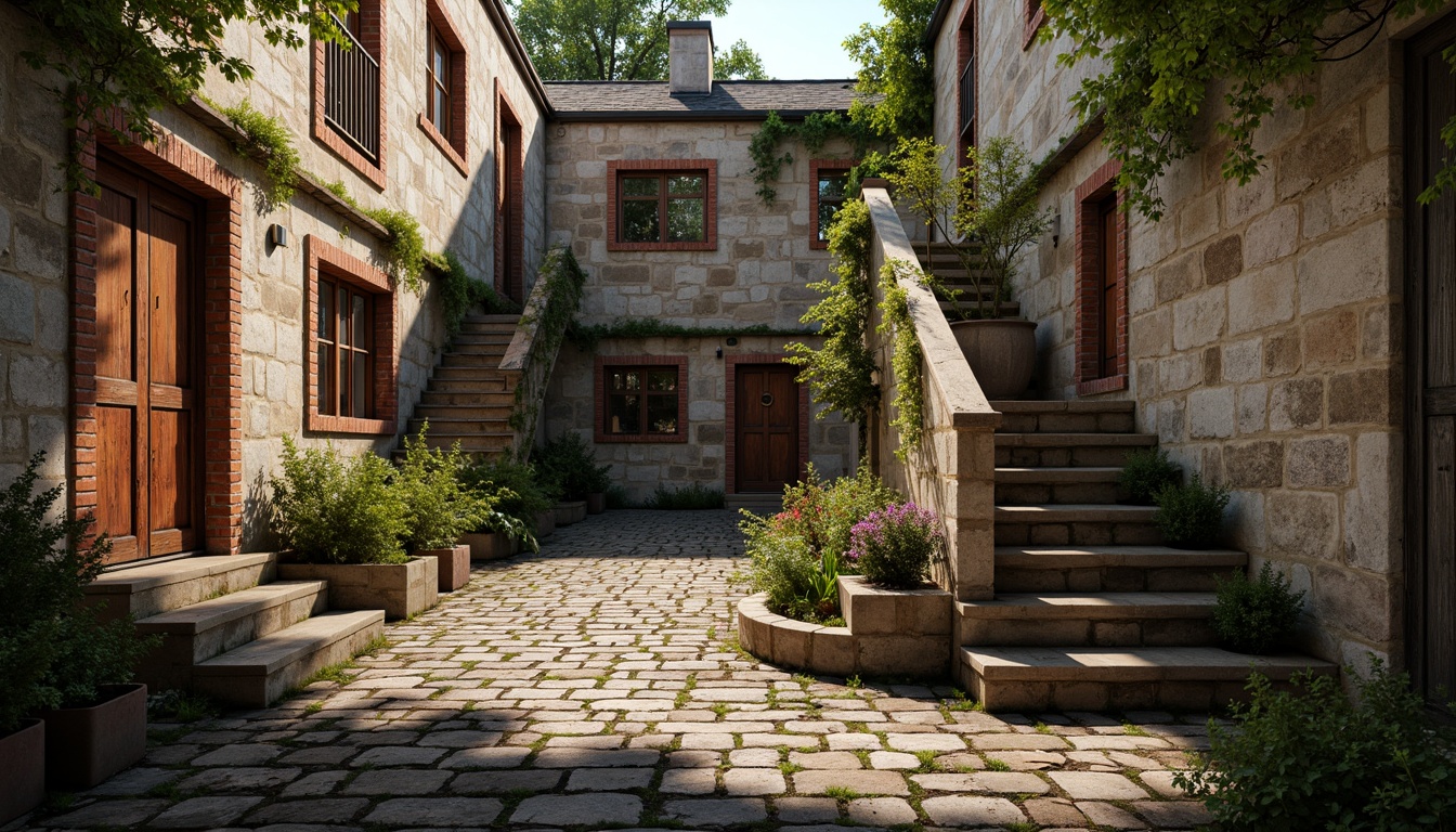 Prompt: Rough stone walls, weathered wooden planks, rusty metal sheets, vintage brick facades, distressed concrete floors, peeling paint, worn stone staircases, moss-covered rooftops, ivy-clad buildings, intricate stonework patterns, warm golden lighting, shallow depth of field, 3/4 composition, realistic textures, ambient occlusion.