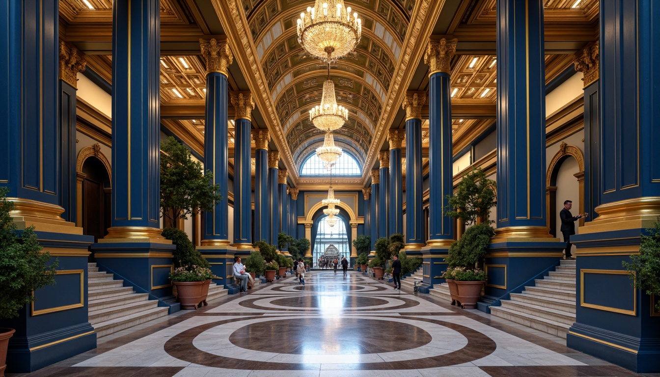 Prompt: Majestic monumental buildings, Prussian blue accents, golden ornaments, intricate stonework, grand archways, imposing columns, luxurious marble floors, ornate ceilings, lavish chandeliers, majestic staircases, regal atmosphere, dramatic shadows, warm soft lighting, high contrast ratio, 1/2 composition, symmetrical framing, realistic textures, subtle ambient occlusion.