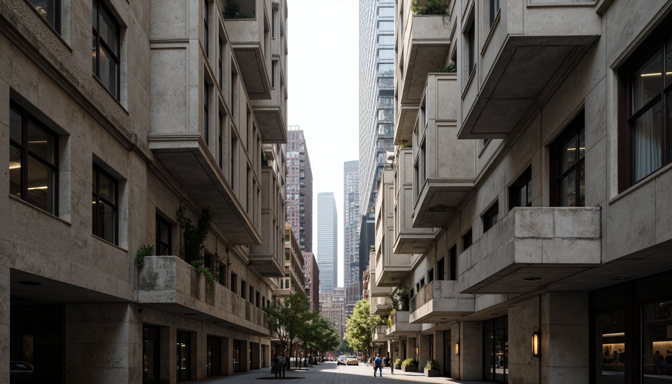 Prompt: Raw concrete textures, rugged brutalist architecture, fortress-like office buildings, geometric shapes, monolithic structures, cantilevered floors, angular lines, industrial materials, metal beams, exposed ductwork, urban cityscape, busy streets, modern skyscrapers, dramatic lighting, high-contrast shadows, 1/1 composition, symmetrical framing, moody atmospheric tones, gritty realistic render.