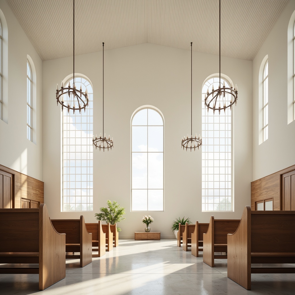 Prompt: Minimalist church interior, soft natural light, serene atmosphere, clean lines, simple geometry, white marble floors, wooden pews, elegant chandeliers, stained glass windows, subtle textures, calm color palette, vaulted ceilings, symmetrical composition, sense of airiness, uncluttered spaces, devotional ambiance, peaceful silence, gentle illumination, shallow depth of field, 1/1 composition, realistic rendering.