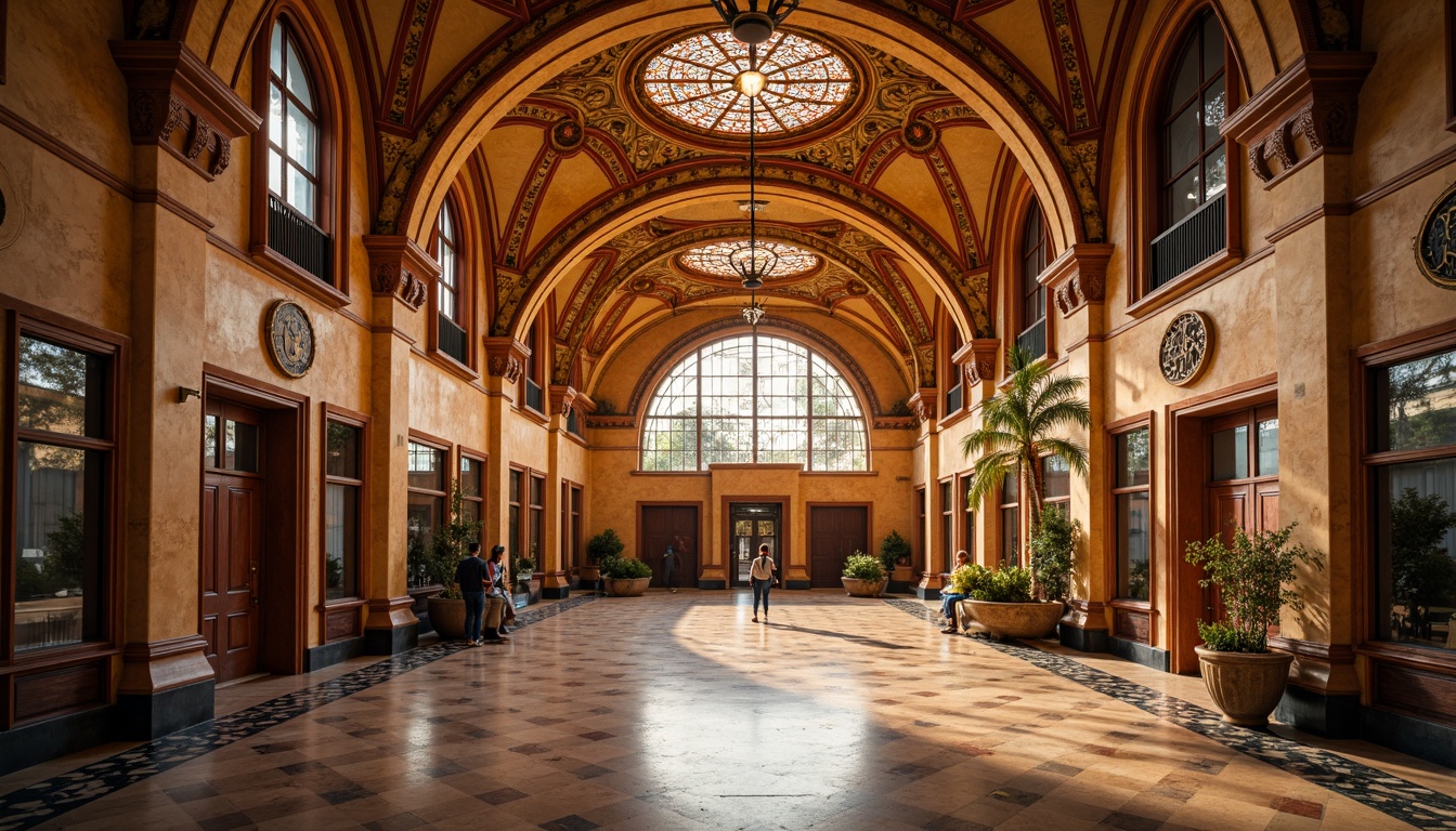 Prompt: \Majestic high school, Byzantine architectural style, warm golden domes, ornate archways, rich crimson accents, intricate mosaic patterns, polished marble floors, vintage bronze fixtures, soft warm lighting, shallow depth of field, 3/4 composition, realistic textures, ambient occlusion.\