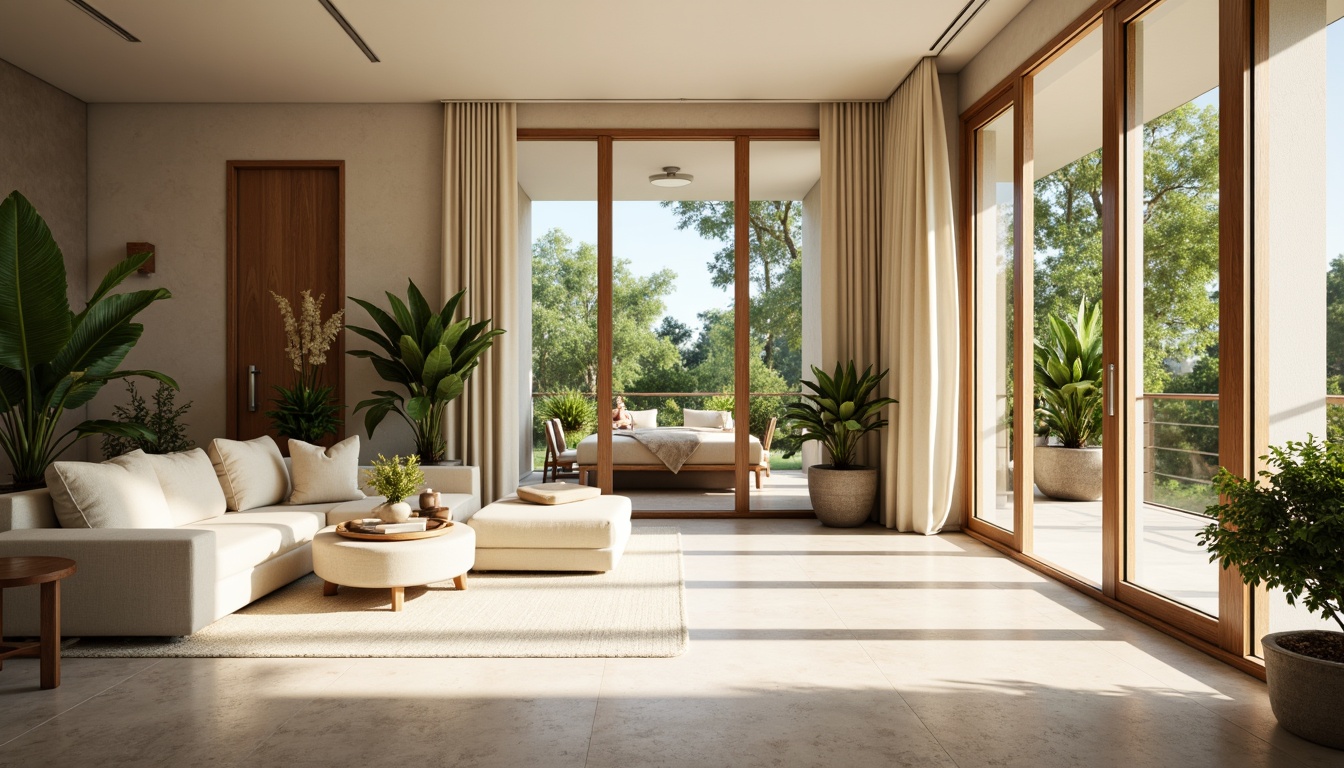 Prompt: Elegant living room, large windows, sliding glass doors, minimal ornamentation, soft creamy colors, warm beige tones, natural stone flooring, wooden accents, lush greenery, potted plants, airy atmosphere, abundant sunlight, gentle shadows, shallow depth of field, 3/4 composition, panoramic view, realistic textures, ambient occlusion.