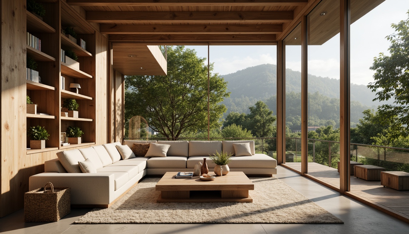 Prompt: Cozy living room, natural materials, earthy tones, comfortable seating, plush carpets, floor-to-ceiling windows, abundant natural light, airy atmosphere, modern minimalist decor, sleek lines, functional storage solutions, smart home automation systems, calming ambiance, soft warm lighting, shallow depth of field, 1/2 composition, realistic textures, ambient occlusion.