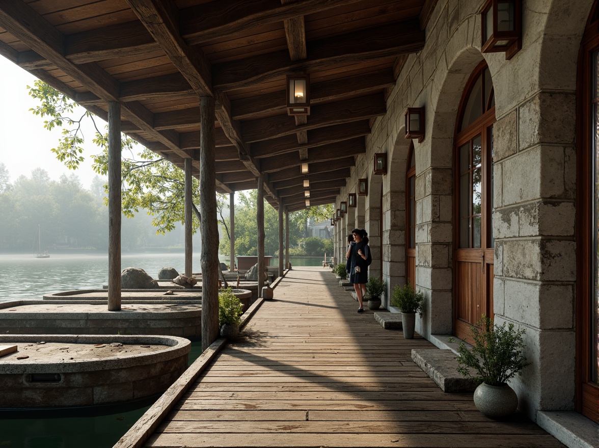 Prompt: Rustic boathouse, Romanesque arches, ornate stone carvings, weathered wood accents, curved wooden beams, distressed metal details, vintage nautical elements, lantern-style lighting, moss-covered roofs, water-based surroundings, serene lake views, misty mornings, soft warm lighting, shallow depth of field, 1/1 composition, realistic textures, ambient occlusion.