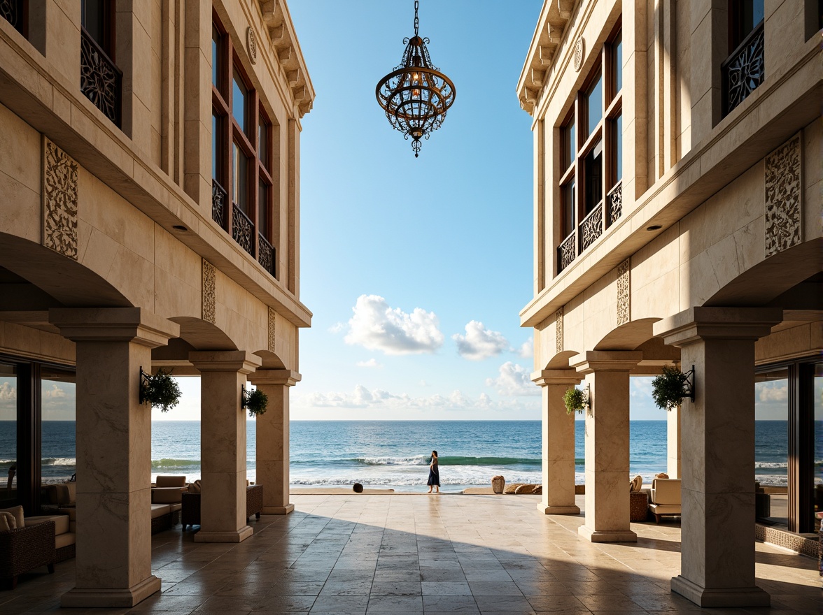 Prompt: Elegant coastal skyscrapers, classic Greek columns, ornate stone carvings, intricate metalwork, grand archways, opulent chandeliers, lavish balconies, refined wooden accents, soft ocean breeze, serene beach views, clear blue skies, warm sunny days, shallow depth of field, 1/2 composition, symmetrical framing, natural textures, ambient occlusion.